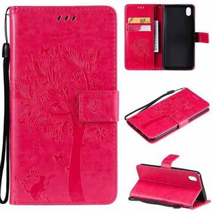 For vivo Y1s / Y90 / Y91C Tree & Cat Embossing Pattern Horizontal Flip PU Leather Case with Holder & Card Slots & Wallet & Lanyard(Rose Red)