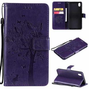 For vivo Y1s / Y90 / Y91C Tree & Cat Embossing Pattern Horizontal Flip PU Leather Case with Holder & Card Slots & Wallet & Lanyard(Purple)