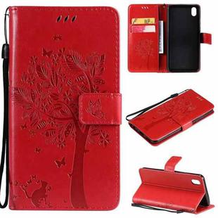 For vivo Y1s / Y90 / Y91C Tree & Cat Embossing Pattern Horizontal Flip PU Leather Case with Holder & Card Slots & Wallet & Lanyard(Red)