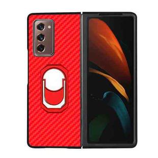 For Samsung Galaxy Z Fold2 5G Carbon Fiber Texture Protective Case with Ring Holder(Red)