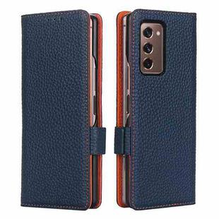For Samsung Galaxy Z Fold2 5G Lychee Texture Buckle Horizontal Flip Leather Case with Holder & Card Slot & Wallet(Dark Blue)