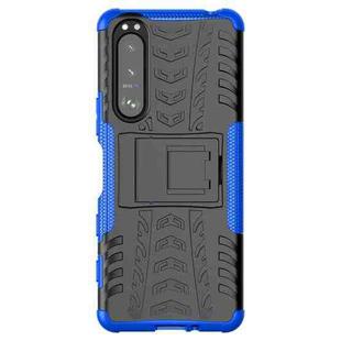 For Sony Xperia 5 III Tire Texture Shockproof TPU+PC Protective Case with Holder(Blue)