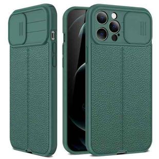 For iPhone 12 Litchi Texture Sliding Camshield TPU Protective Case(Dark Green)