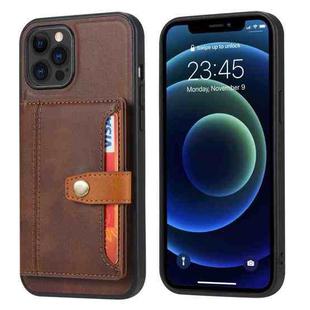 For iPhone 13 Pro Max Calfskin Color Matching Shockproof TPU + PU Case with Holder & Card Slot (Brown)