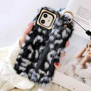 For iPhone 11 Plush Phone Protect Case with Wrist Strap Sling(Black White)