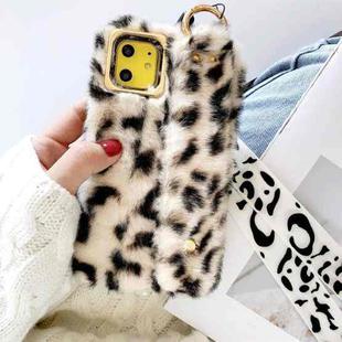 For iPhone 11 Plush Phone Protect Case with Wrist Strap Sling(Beige Leopard)