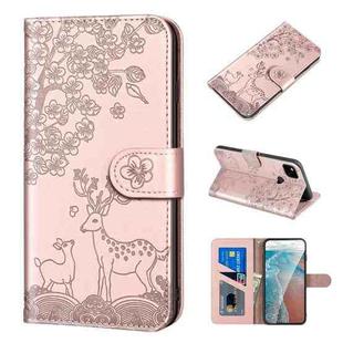 For Google Pixel 4a Sika Deer Embossing Pattern Horizontal Flip PU Leather Case with Holder & Card Slot & Wallet & Photo Frame(Rose Gold)