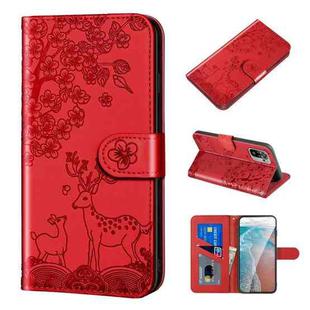 For Xiaomi Redmi Note 10 4G Sika Deer Embossing Pattern Horizontal Flip PU Leather Case with Holder & Card Slot & Wallet & Photo Frame(Red)