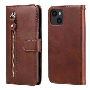 For iPhone 13 Fashion Calf Texture Zipper Horizontal Flip Leather Case with Stand & Card Slots & Wallet Function(Brown)