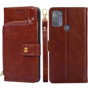 For Motorola Moto G50 Zipper Bag PU + TPU Horizontal Flip Leather Case with Holder & Card Slot & Wallet & Lanyard(Brown)