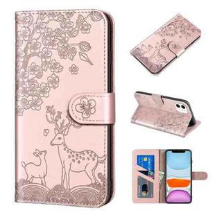 For iPhone 11 Sika Deer Embossing Pattern Horizontal Flip PU Leather Case with Holder & Card Slot & Wallet & Photo Frame (Rose Gold)