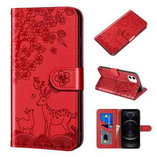 For iPhone 12 / 12 Pro Sika Deer Embossing Pattern Horizontal Flip PU Leather Case with Holder & Card Slot & Wallet & Photo Frame(Red)