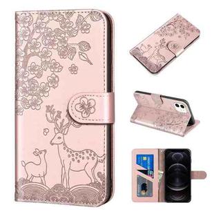 For iPhone 12 / 12 Pro Sika Deer Embossing Pattern Horizontal Flip PU Leather Case with Holder & Card Slot & Wallet & Photo Frame(Rose Gold)