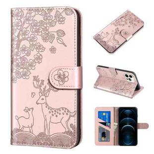 For iPhone 12 Pro Max Sika Deer Embossing Pattern Horizontal Flip PU Leather Case with Holder & Card Slot & Wallet & Photo Frame(Rose Gold)