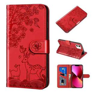 For iPhone 13 Sika Deer Embossing Pattern Horizontal Flip PU Leather Case with Holder & Card Slot & Wallet & Photo Frame(Red)
