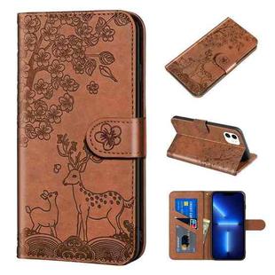 For iPhone 13 Pro Sika Deer Embossing Pattern Horizontal Flip PU Leather Case with Holder & Card Slot & Wallet & Photo Frame (Brown)