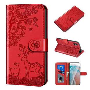 For iPhone X / XS Sika Deer Embossing Pattern Horizontal Flip PU Leather Case with Holder & Card Slot & Wallet & Photo Frame(Red)