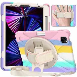 For iPad Pro 11 2022 / 2021 / 2020 / 2018 Silicone + PC Protective Tablet Case with Holder & Shoulder Strap(Colorful Pink)