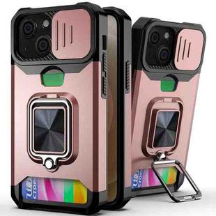 For iPhone 13 Sliding Camshield Card Slot Ring Kickstand Phone Case(Rose Gold)
