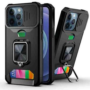 For iPhone 13 Pro Sliding Camshield Card Slot Ring Kickstand Phone Case (Black)