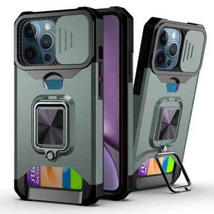For iPhone 13 Pro Sliding Camshield Card Slot Ring Kickstand Phone Case (Dark Green)