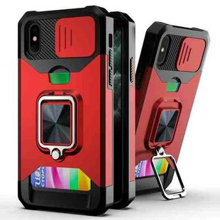 For iPhone X / XS Sliding Camshield Card Slot Ring Kickstand Phone Case(Red)