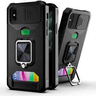 For iPhone X / XS Sliding Camshield Card Slot Ring Kickstand Phone Case(Black)