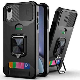 For iPhone XR Sliding Camshield Card Slot Ring Kickstand Phone Case(Black)