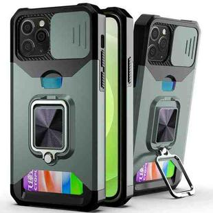 For iPhone 11 Pro Sliding Camshield Card Slot Ring Kickstand Phone Case (Dark Green)