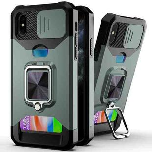 For iPhone XS Max Sliding Camshield Card Slot Ring Kickstand Phone Case(Dark Green)