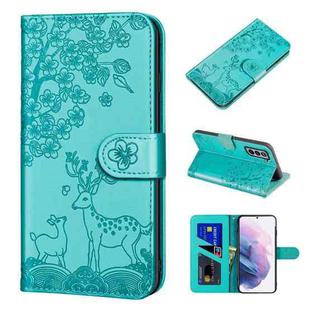 For Samsung Galaxy S21+ 5G Sika Deer Embossing Pattern Horizontal Flip PU Leather Case with Holder & Card Slot & Wallet & Photo Frame(Lake Blue)