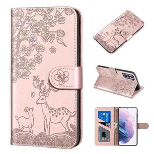 For Samsung Galaxy S21+ 5G Sika Deer Embossing Pattern Horizontal Flip PU Leather Case with Holder & Card Slot & Wallet & Photo Frame(Rose Gold)