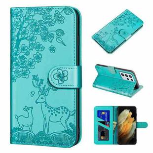 For Samsung Galaxy S21 Ultra 5G Sika Deer Embossing Pattern Horizontal Flip PU Leather Case with Holder & Card Slot & Wallet & Photo Frame(Lake Blue)