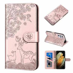 For Samsung Galaxy S21 Ultra 5G Sika Deer Embossing Pattern Horizontal Flip PU Leather Case with Holder & Card Slot & Wallet & Photo Frame(Rose Gold)