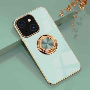 For iPhone 13 6D Electroplating Full Coverage Silicone Protective Case with Magnetic Ring Holder(Light Cyan)