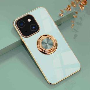 For iPhone 13 Pro Max 6D Electroplating Full Coverage Silicone Protective Case with Magnetic Ring Holder (Light Cyan)