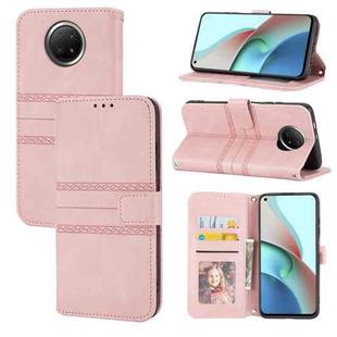 For Xiaomi Redmi Note 9 5G Embossed Striped Magnetic Buckle PU + TPU Horizontal Flip Leather Case with Holder & Card Slot & Wallet & Photo Frame & Sling(Pink)