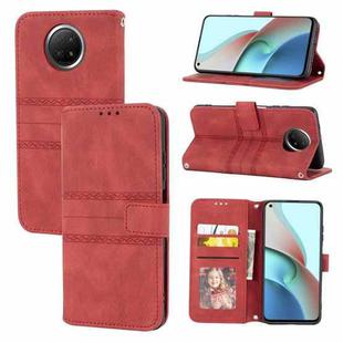 For Xiaomi Redmi Note 9 5G Embossed Striped Magnetic Buckle PU + TPU Horizontal Flip Leather Case with Holder & Card Slot & Wallet & Photo Frame & Sling(Red)