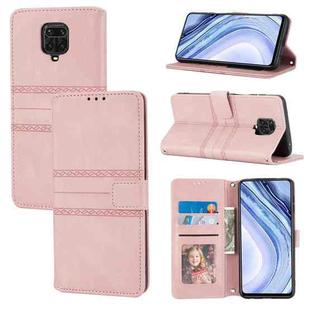 For Xiaomi Redmi Note 9 Pro Max Embossed Striped Magnetic Buckle PU + TPU Horizontal Flip Leather Case with Holder & Card Slot & Wallet & Photo Frame & Sling(Pink)