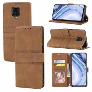 For Xiaomi Redmi Note 9 Pro Max Embossed Striped Magnetic Buckle PU + TPU Horizontal Flip Leather Case with Holder & Card Slot & Wallet & Photo Frame & Sling(Brown)