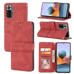 For Xiaomi Redmi Note 10 Pro 5G Embossed Striped Magnetic Buckle PU + TPU Horizontal Flip Leather Case with Holder & Card Slot & Wallet & Photo Frame & Sling(Red)