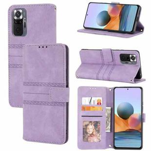 For Xiaomi Redmi Note 10 Pro 5G Embossed Striped Magnetic Buckle PU + TPU Horizontal Flip Leather Case with Holder & Card Slot & Wallet & Photo Frame & Sling(Purple)