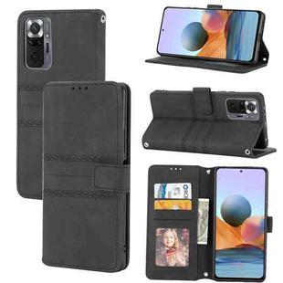 For Xiaomi Redmi Note 10 Pro 5G Embossed Striped Magnetic Buckle PU + TPU Horizontal Flip Leather Case with Holder & Card Slot & Wallet & Photo Frame & Sling(Black)