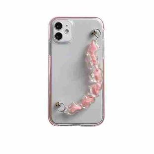 For iPhone 11 Dual-color PC+TPU Shockproof Case with Heart Beads Wrist Bracelet Chain (Pink)