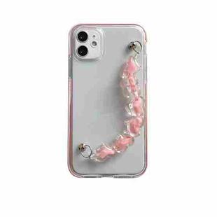 For iPhone 11 Pro Max Dual-color PC+TPU Shockproof Case with Heart Beads Wrist Bracelet Chain (Pink)