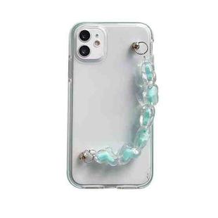 For iPhone 11 Pro Max Dual-color PC+TPU Shockproof Case with Heart Beads Wrist Bracelet Chain (Blue)