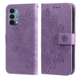 For OnePlus Nord N200 5G 7-petal Flowers Embossing Pattern Horizontal Flip PU Leather Case with Holder & Card Slots & Wallet & Photo Frame(Light Purple)