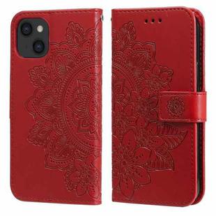 For iPhone 13 7-petal Flowers Embossing Pattern Horizontal Flip PU Leather Case with Holder & Card Slots & Wallet & Photo Frame(Red)