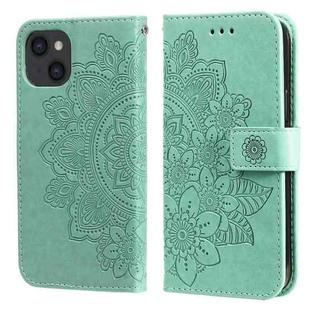 For iPhone 13 7-petal Flowers Embossing Pattern Horizontal Flip PU Leather Case with Holder & Card Slots & Wallet & Photo Frame(Green)