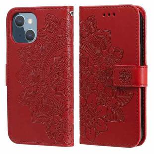 For iPhone 13 mini 7-petal Flowers Embossing Pattern Horizontal Flip PU Leather Case with Holder & Card Slots & Wallet & Photo Frame (Red)